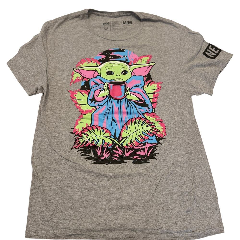 Star Wars Baby Yoda TShirt  Mens Med NEFF‎ Mandalorian Grogu Coffee Cup Tee Gray